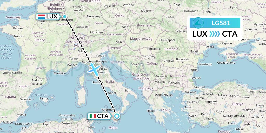 LG581 Luxair Flight Map: Luxembourg to Catania