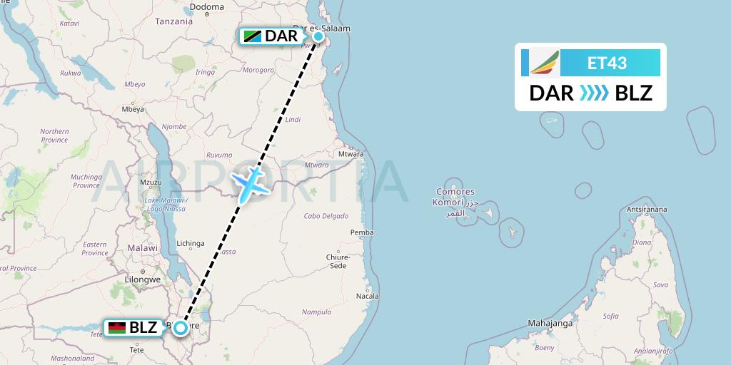 ET43 Ethiopian Airlines Flight Map: Dar-es-Salaam to Blantyre