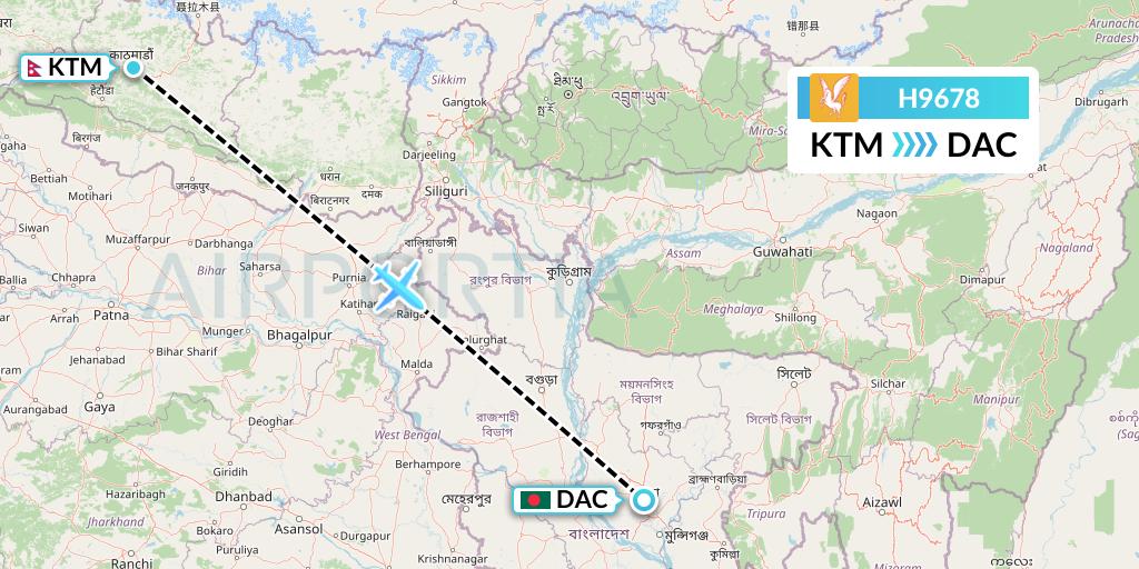 H9678 Himalaya Airlines Flight Map: Kathmandu to Dhaka