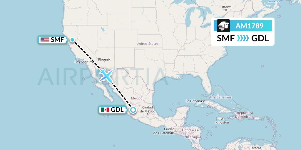 AM1789 Aeromexico Flight Map: Sacramento to Guadalajara