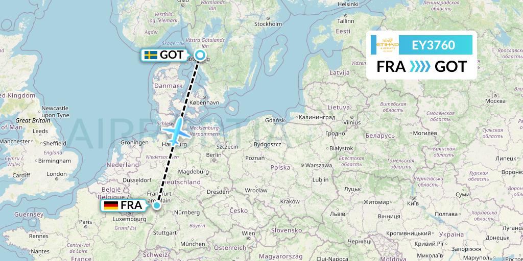 EY3760 Etihad Airways Flight Map: Frankfurt to Gothenburg