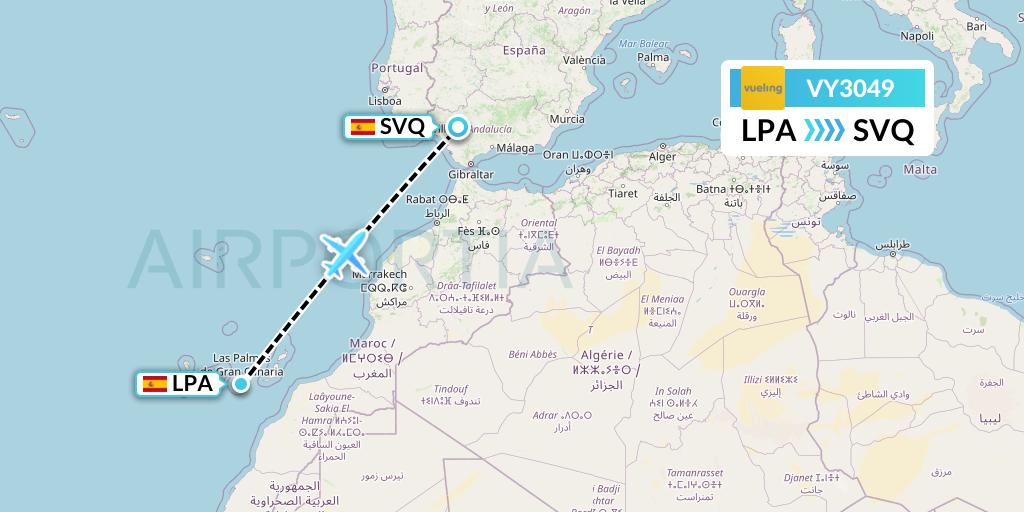 VY3049 Vueling Flight Map: Las Palmas to Seville