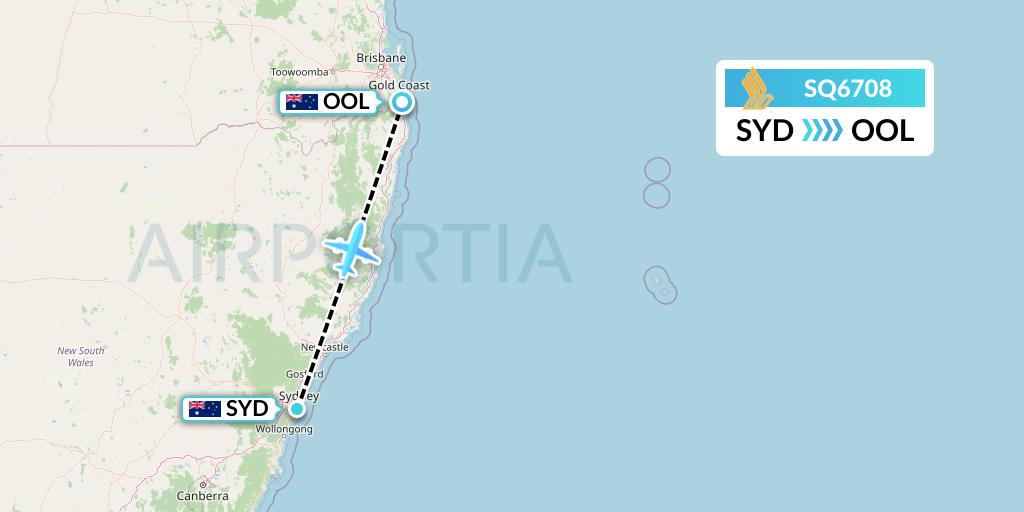 SQ6708 Singapore Airlines Flight Map: Sydney to Gold Coast