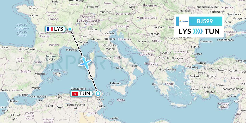 BJ599 Nouvelair Tunisie Flight Map: Lyon to Tunis
