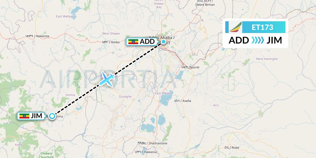 ET173 Ethiopian Airlines Flight Map: Addis Ababa to Jimma