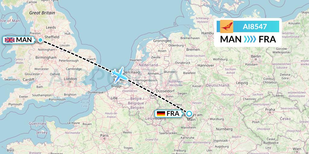 AI8547 Air India Flight Map: Manchester to Frankfurt