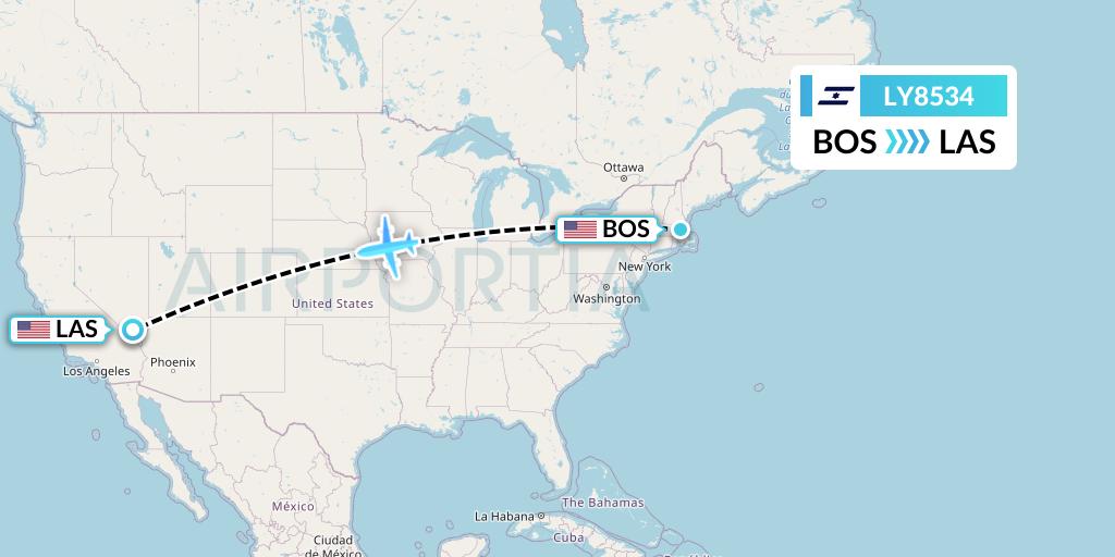LY8534 El Al Flight Map: Boston to Las Vegas