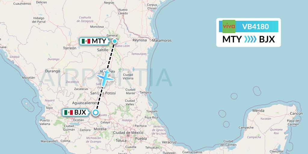 VB4180 VivaAerobus Flight Map: Monterrey to Silao