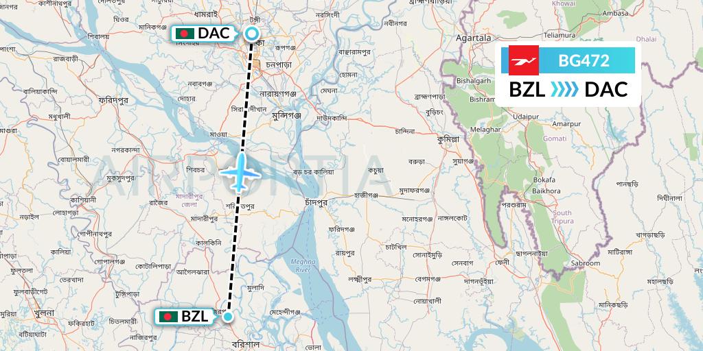 BG472 Biman Bangladesh Airlines Flight Map: Barisal to Dhaka