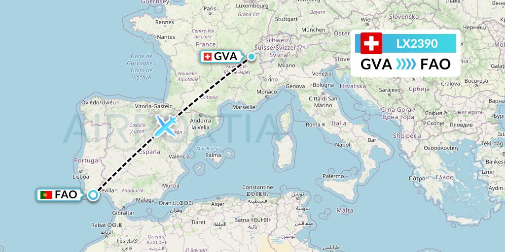 LX2390 Swiss Flight Map: Geneva to Faro