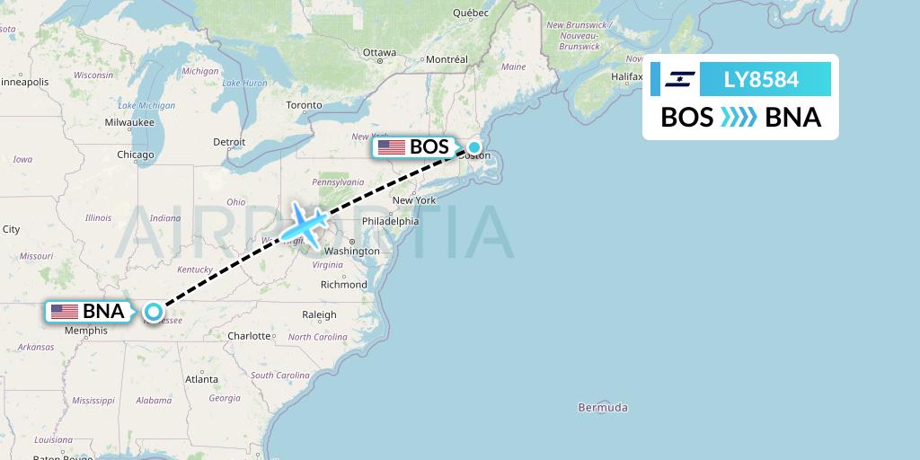 LY8584 El Al Flight Map: Boston to Nashville