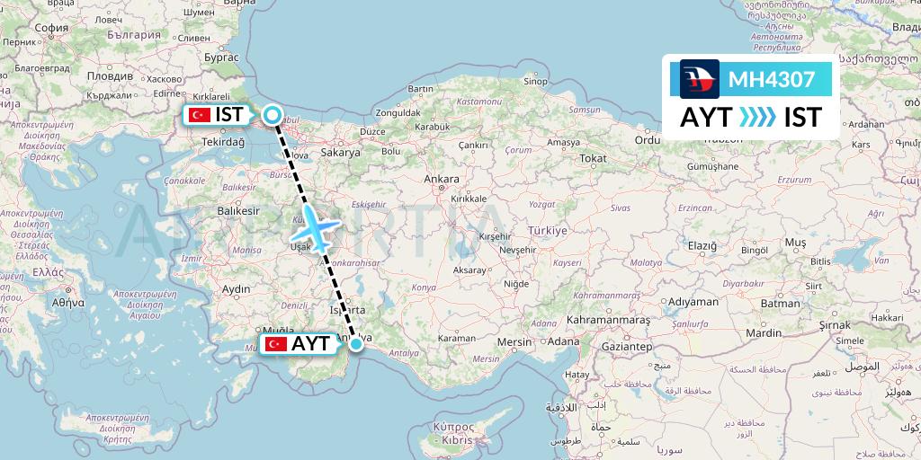 MH4307 Malaysia Airlines Flight Map: Antalya to Istanbul