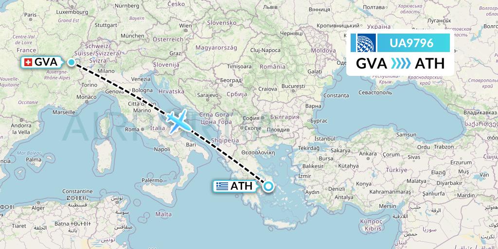 UA9796 United Airlines Flight Map: Geneva to Athens