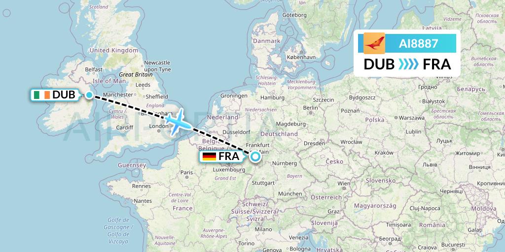 AI8887 Air India Flight Map: Dublin to Frankfurt