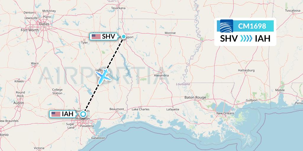 CM1698 Copa Airlines Flight Map: Shreveport to Houston