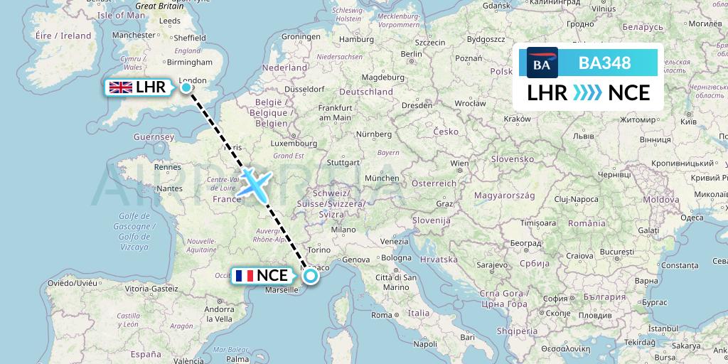 BA348 British Airways Flight Map: London to Nice
