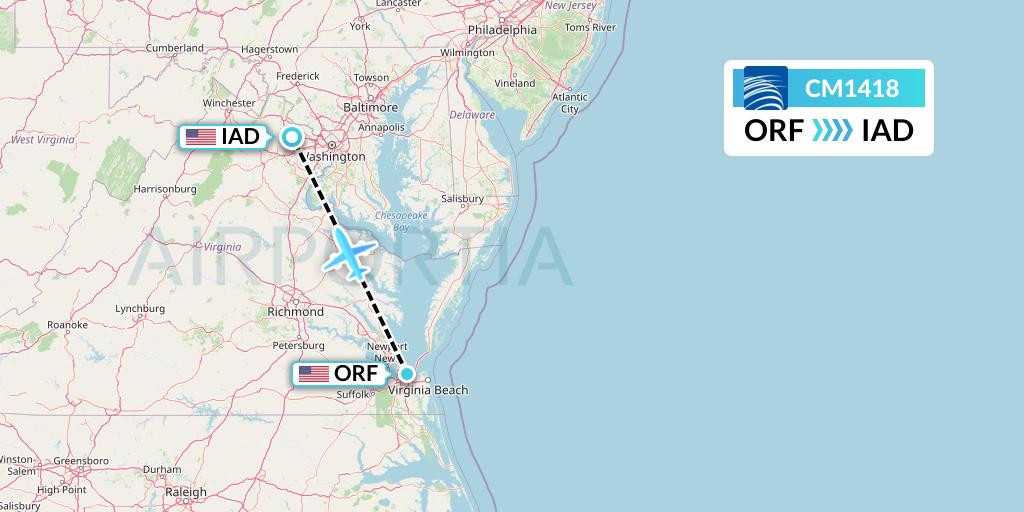 CM1418 Copa Airlines Flight Map: Norfolk to Washington