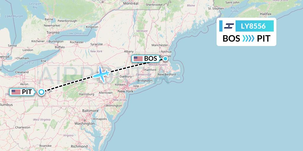 LY8556 El Al Flight Map: Boston to Pittsburgh