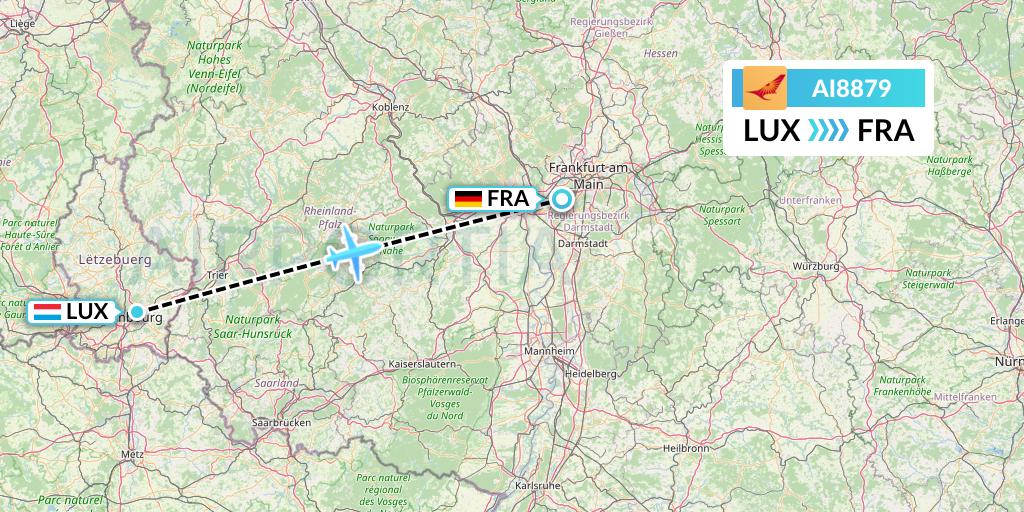 AI8879 Air India Flight Map: Luxembourg to Frankfurt