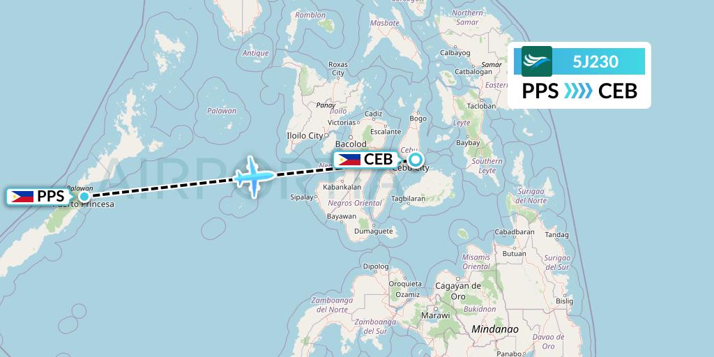 5J230 CEBU Pacific Air Flight Map: Puerto Princesa City to Cebu