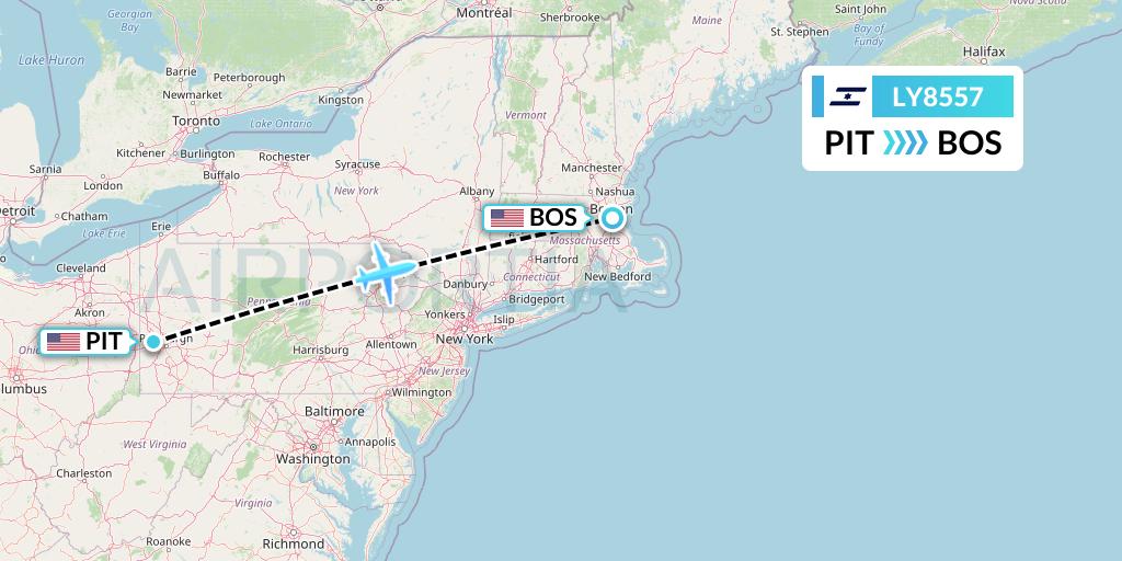 LY8557 El Al Flight Map: Pittsburgh to Boston