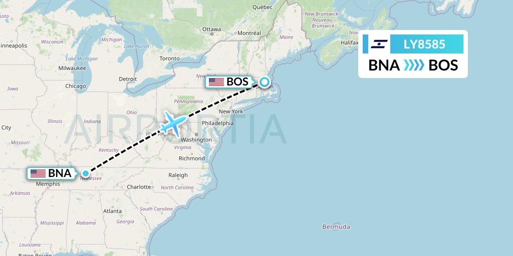 LY8585 El Al Flight Map: Nashville to Boston