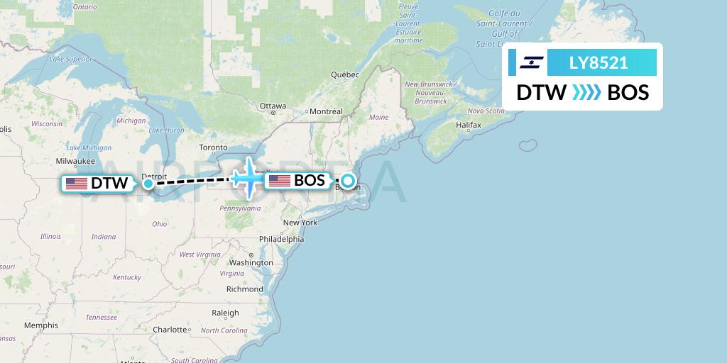 LY8521 El Al Flight Map: Detroit to Boston