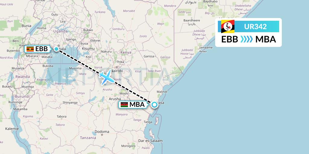UR342 Uganda Airlines Flight Map: Entebbe to Mombasa