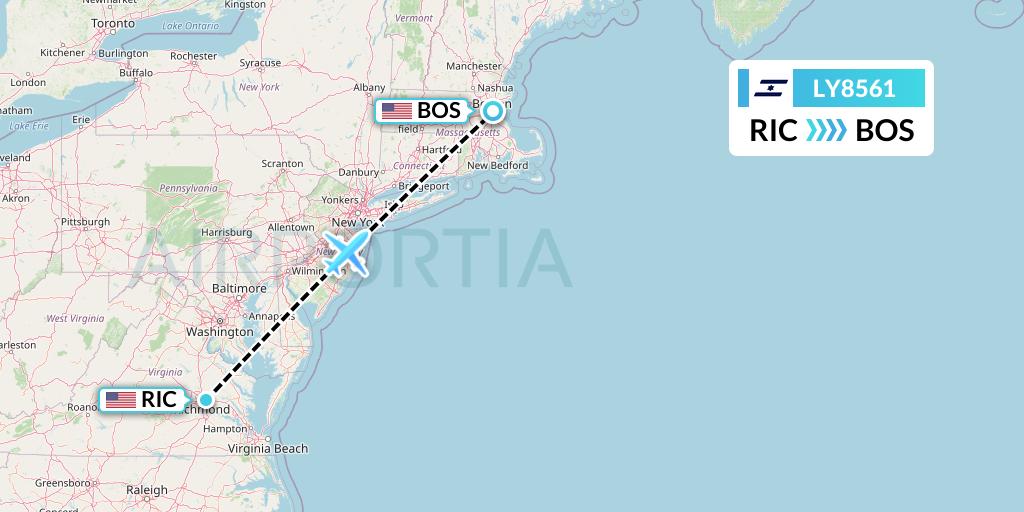 LY8561 El Al Flight Map: Richmond to Boston