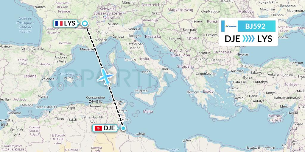 BJ592 Nouvelair Tunisie Flight Map: Djerba to Lyon