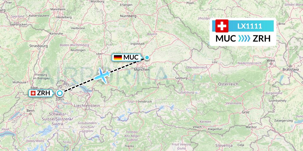LX1111 Swiss Flight Map: Munich to Zurich