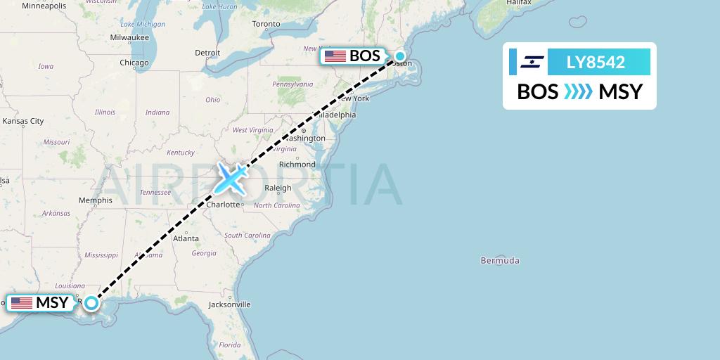 LY8542 El Al Flight Map: Boston to New Orleans