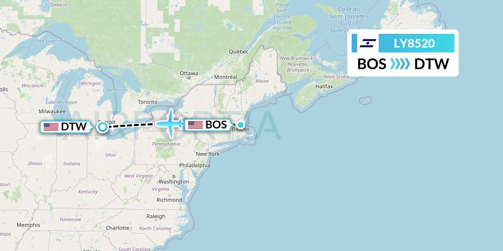 LY8520 El Al Flight Map: Boston to Detroit