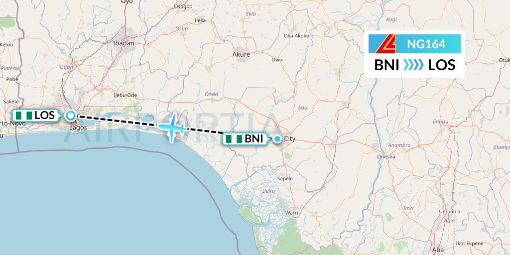 NG164 Aero Contractors Flight Map: Benin to Lagos