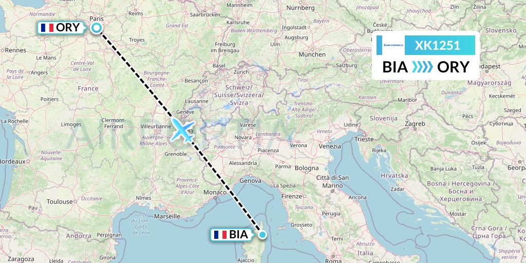 XK1251 Air Corsica Flight Map: Bastia to Paris