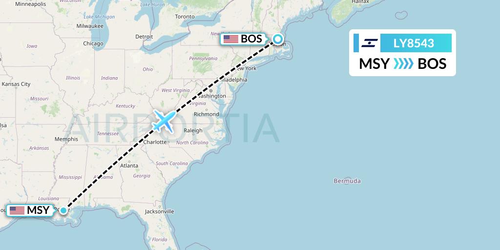 LY8543 El Al Flight Map: New Orleans to Boston