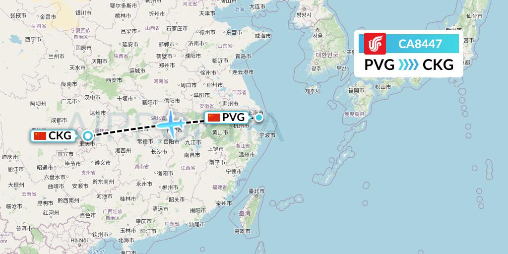 CA8447 Air China Flight Map: Shanghai to Chongqing