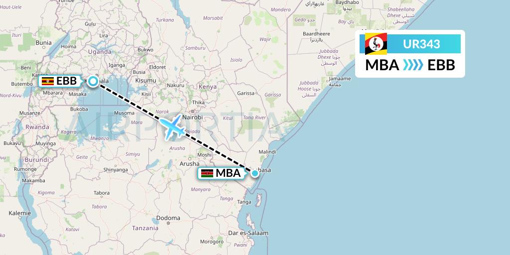 UR343 Uganda Airlines Flight Map: Mombasa to Entebbe