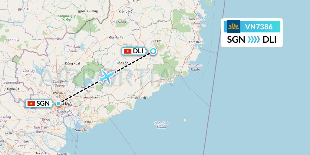 VN7386 Vietnam Airlines Flight Map: Ho Chi Minh City to Da Lat