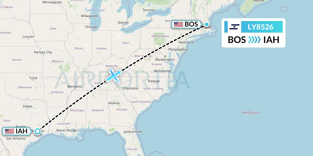 LY8526 El Al Flight Map: Boston to Houston