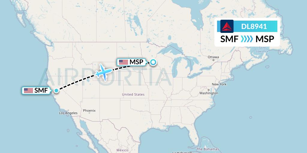 DL8941 Delta Air Lines Flight Map: Sacramento to Minneapolis