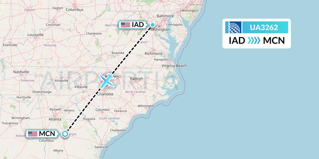 UA3262 United Airlines Flight Map: Washington to Macon