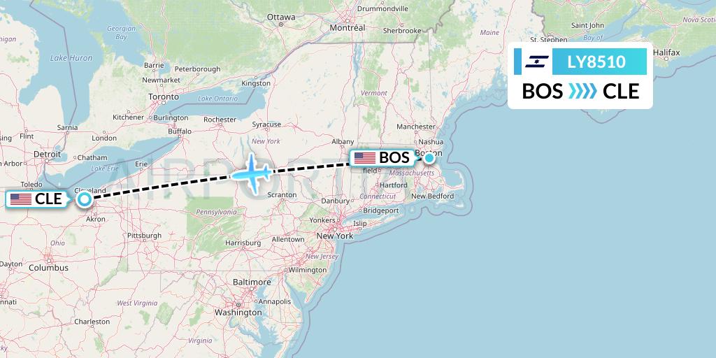 LY8510 El Al Flight Map: Boston to Cleveland