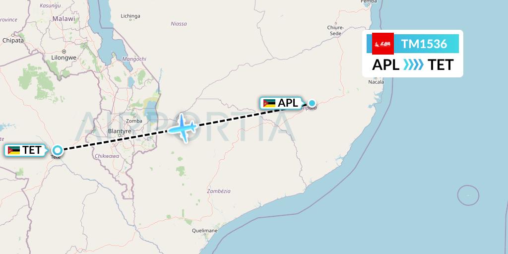 TM1536 LAM Mozambique Airlines Flight Map: Nampula to Tete