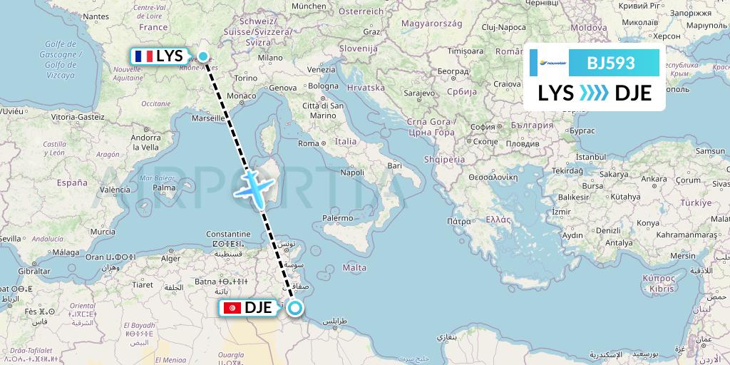 BJ593 Nouvelair Tunisie Flight Map: Lyon to Djerba