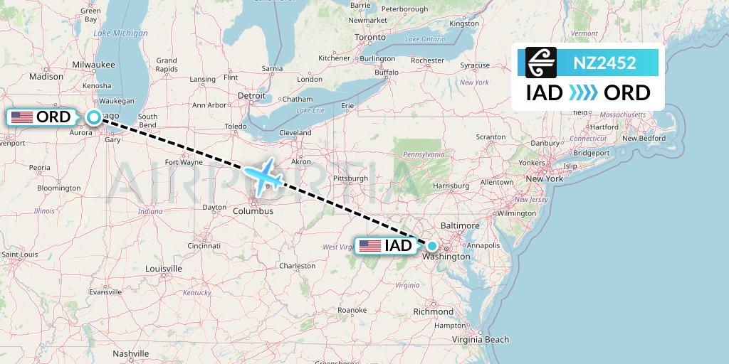 NZ2452 Air New Zealand Flight Map: Washington to Chicago