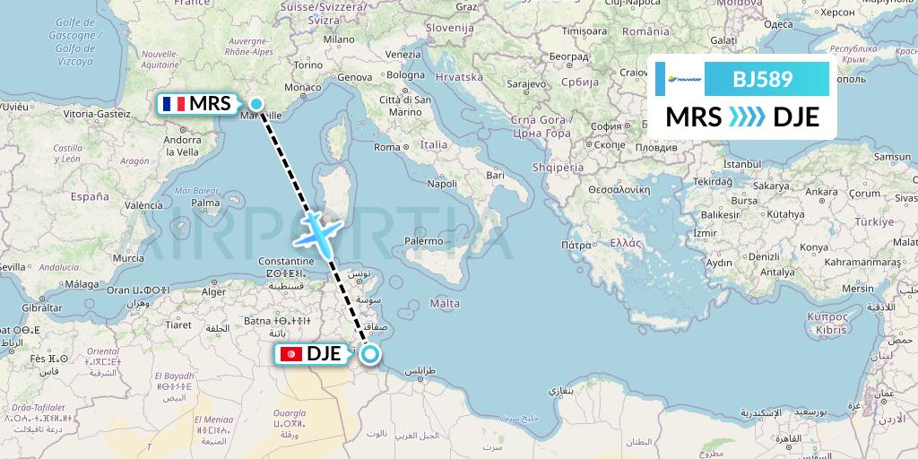 BJ589 Nouvelair Tunisie Flight Map: Marseille to Djerba