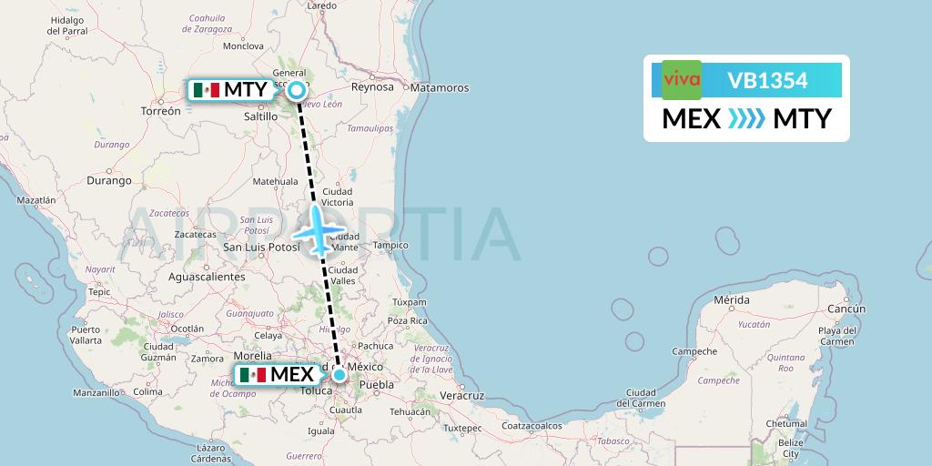 VB1354 VivaAerobus Flight Map: Mexico City to Monterrey