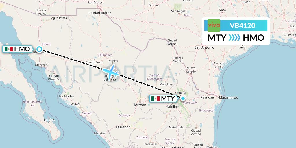 VB4120 VivaAerobus Flight Map: Monterrey to Hermosillo