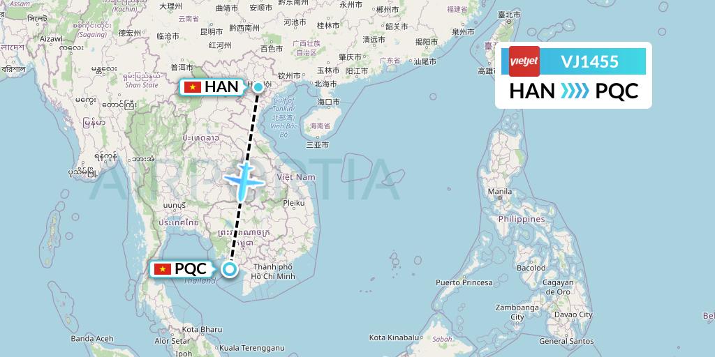 VJ1455 VietJet Air Flight Map: Hanoi to Phu Quoc
